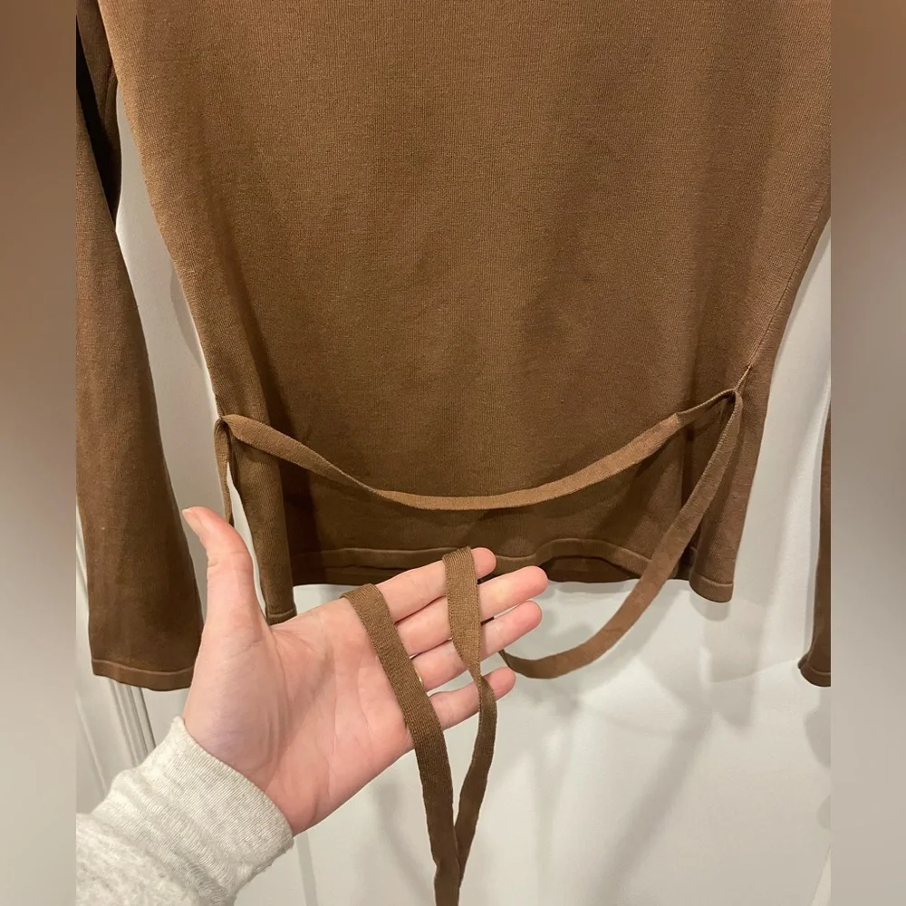 Silk Brown Button-Up Women's cardigan with tie waist - Picture 7 of 16